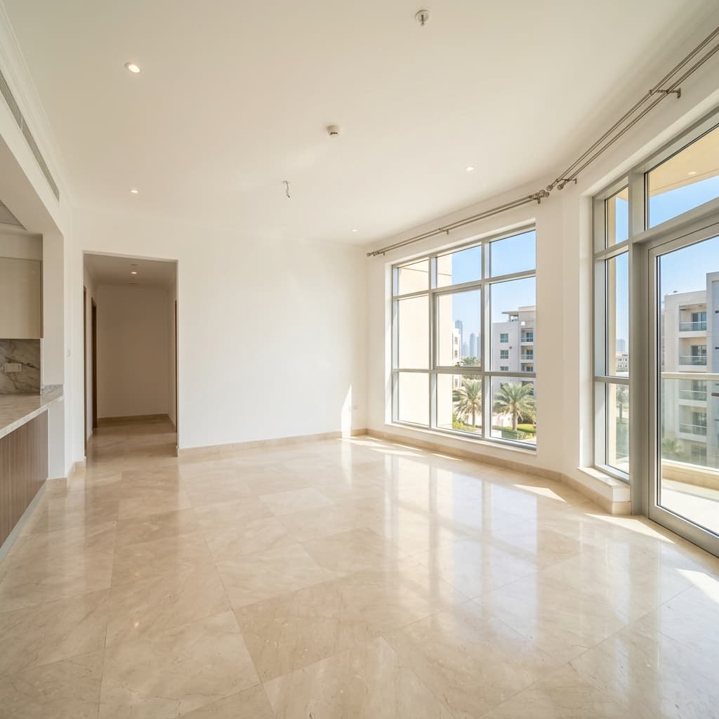 Empty, naturally lit apartment living room in Qatar — move-out ready
